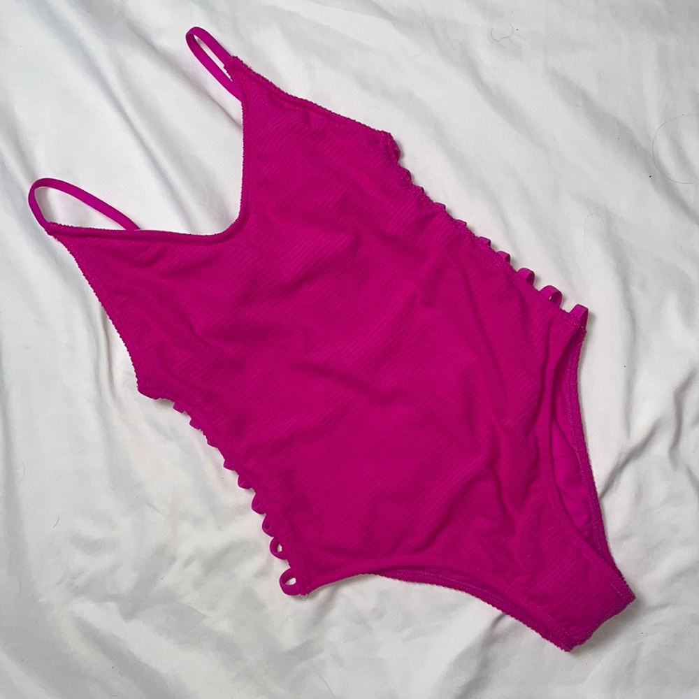 Hot pink one peice swimsuit with side cutouts